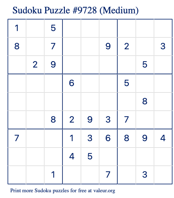 Free Printable Medium Sudoku Puzzle number 9728