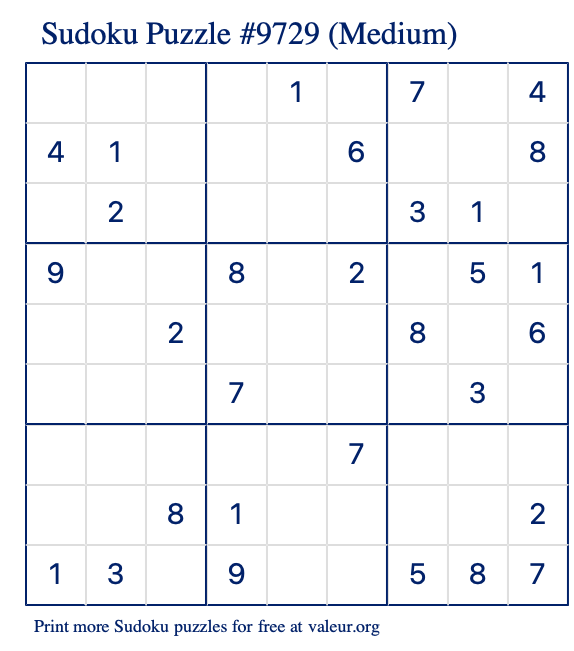 Free Printable Medium Sudoku Puzzle number 9729