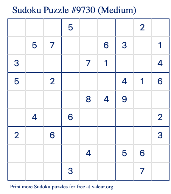 Free Printable Medium Sudoku Puzzle number 9730