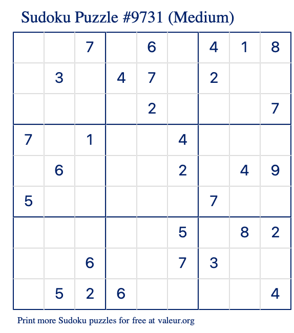 Free Printable Medium Sudoku Puzzle number 9731