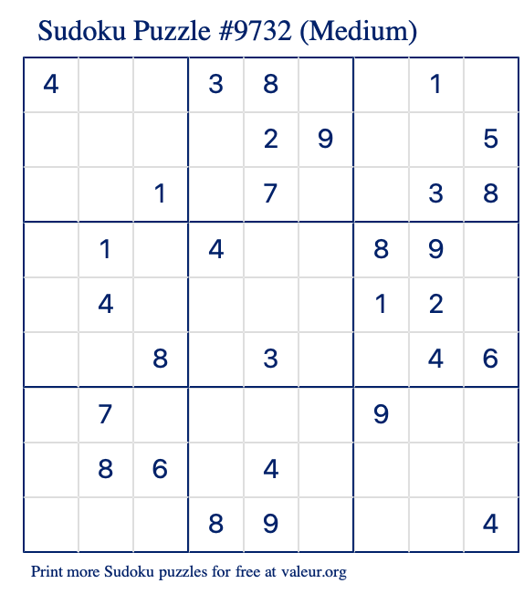 Free Printable Medium Sudoku Puzzle number 9732
