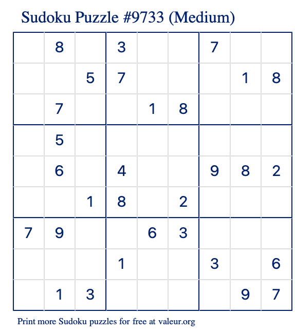 Free Printable Medium Sudoku Puzzle number 9733