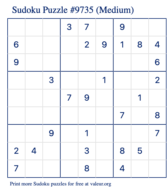 Free Printable Medium Sudoku Puzzle number 9735