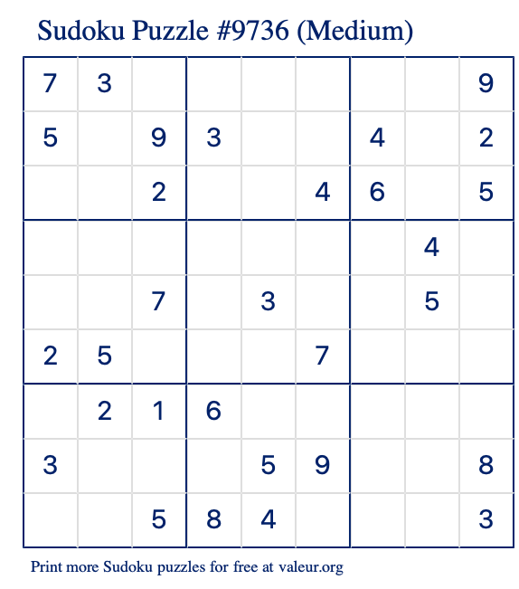 Free Printable Medium Sudoku Puzzle number 9736