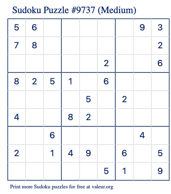 Free Printable Medium Sudoku Puzzle number 9737