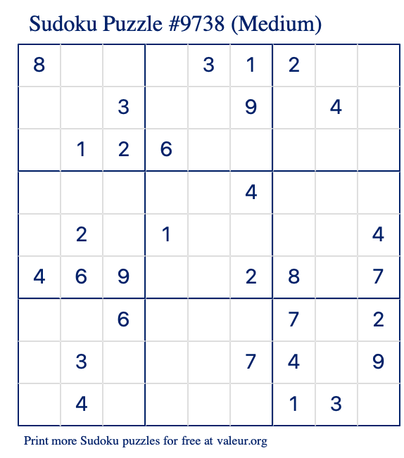 Free Printable Medium Sudoku Puzzle number 9738