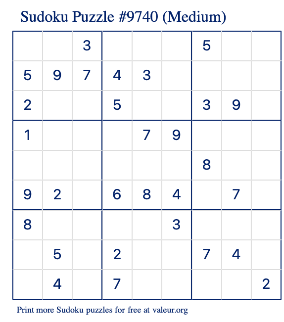 Free Printable Medium Sudoku Puzzle number 9740