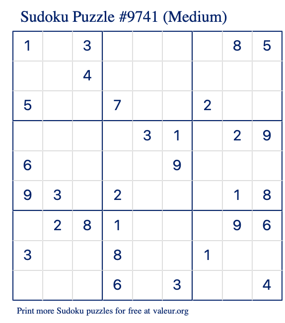 Free Printable Medium Sudoku Puzzle number 9741