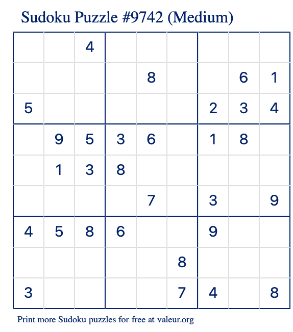 Free Printable Medium Sudoku Puzzle number 9742