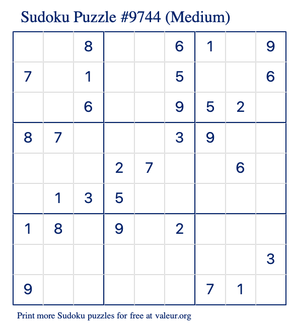 Free Printable Medium Sudoku Puzzle number 9744