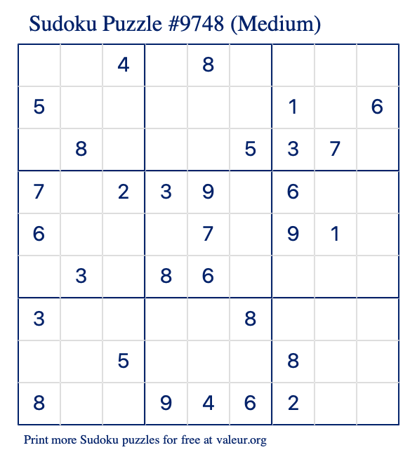 Free Printable Medium Sudoku Puzzle number 9748