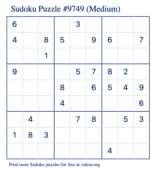 Free Printable Medium Sudoku Puzzle number 9749