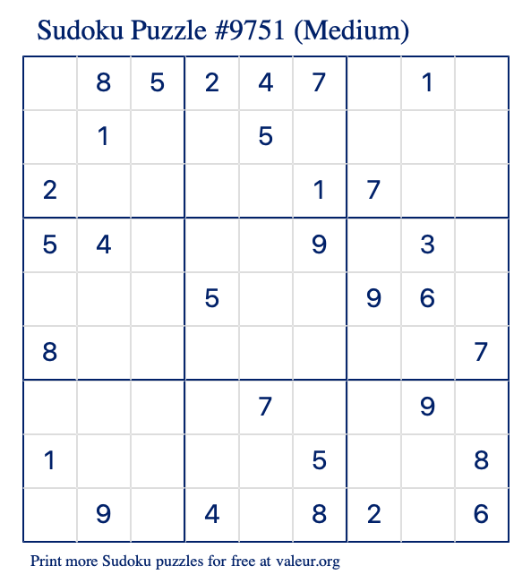 Free Printable Medium Sudoku Puzzle number 9751