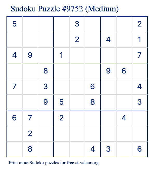 Free Printable Medium Sudoku Puzzle number 9752