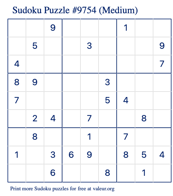 Free Printable Medium Sudoku Puzzle number 9754