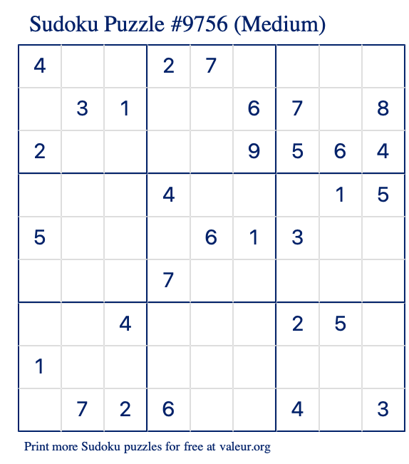 Free Printable Medium Sudoku Puzzle number 9756