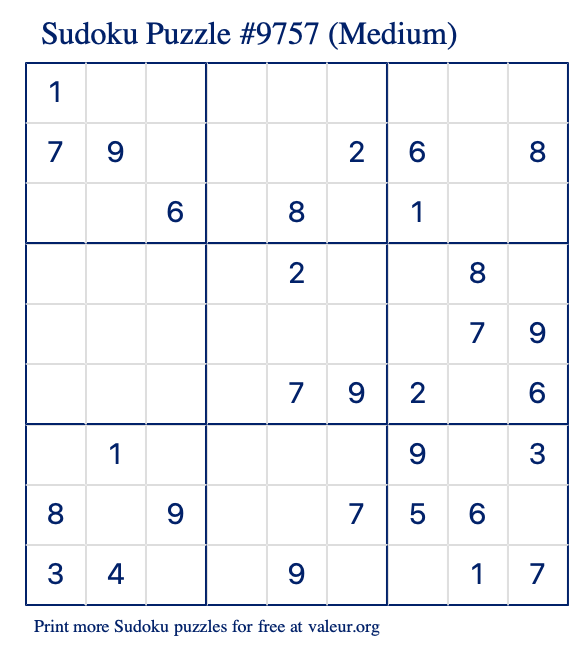 Free Printable Medium Sudoku Puzzle number 9757