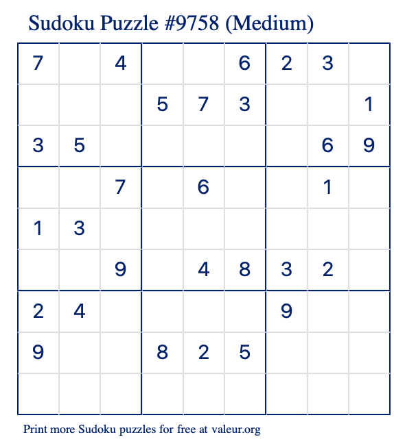 Free Printable Medium Sudoku Puzzle number 9758