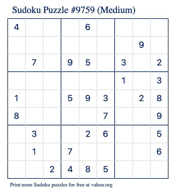 Free Printable Medium Sudoku Puzzle number 9759