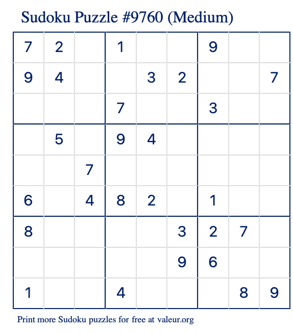 Free Printable Medium Sudoku Puzzle number 9760