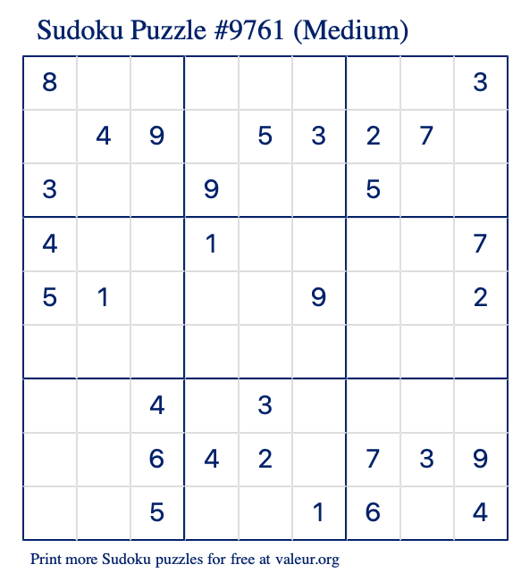 Free Printable Medium Sudoku Puzzle number 9761