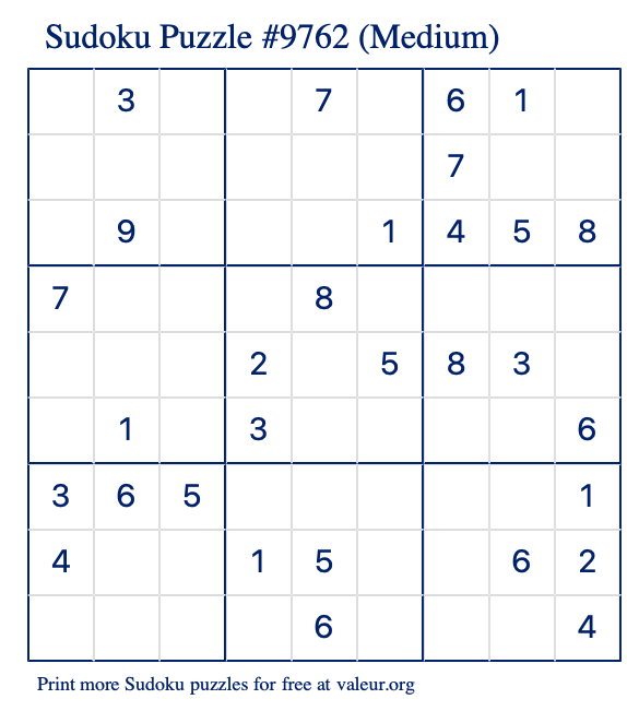 Free Printable Medium Sudoku Puzzle number 9762