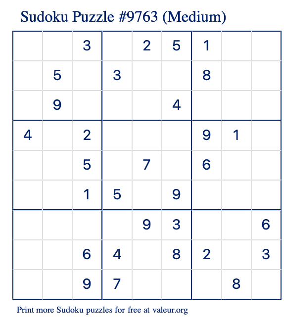 Free Printable Medium Sudoku Puzzle number 9763