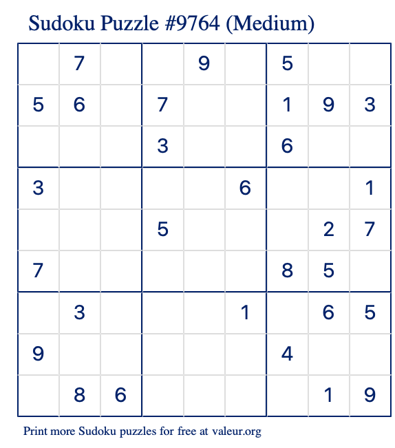 Free Printable Medium Sudoku Puzzle number 9764