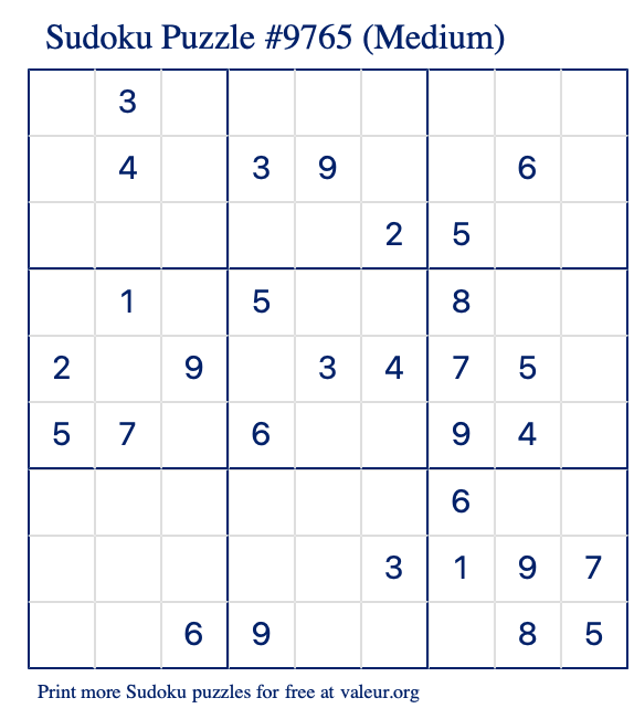 Free Printable Medium Sudoku Puzzle number 9765