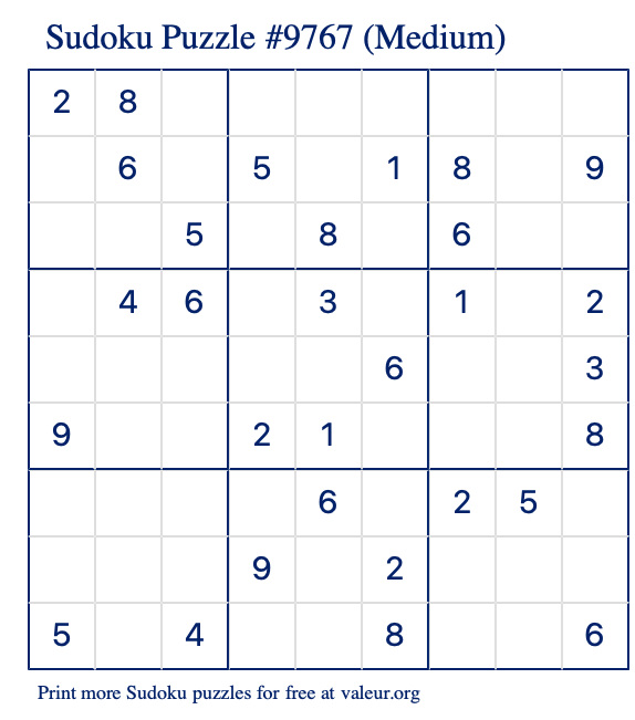 Free Printable Medium Sudoku Puzzle number 9767