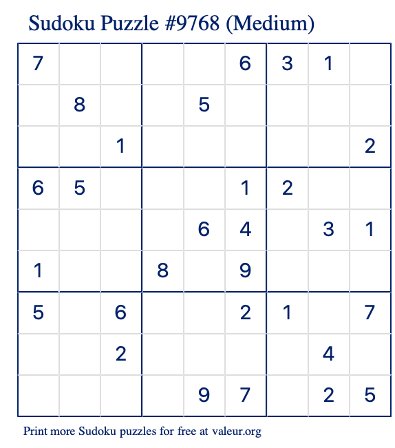 Free Printable Medium Sudoku Puzzle number 9768