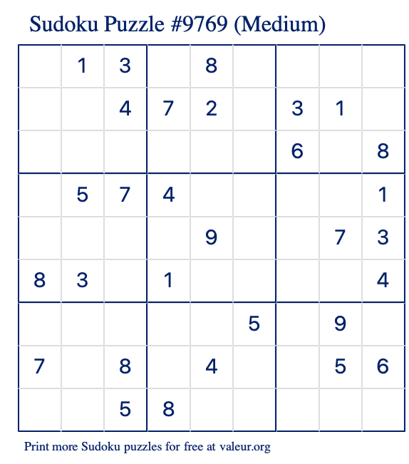 Free Printable Medium Sudoku Puzzle number 9769
