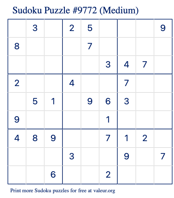 Free Printable Medium Sudoku Puzzle number 9772