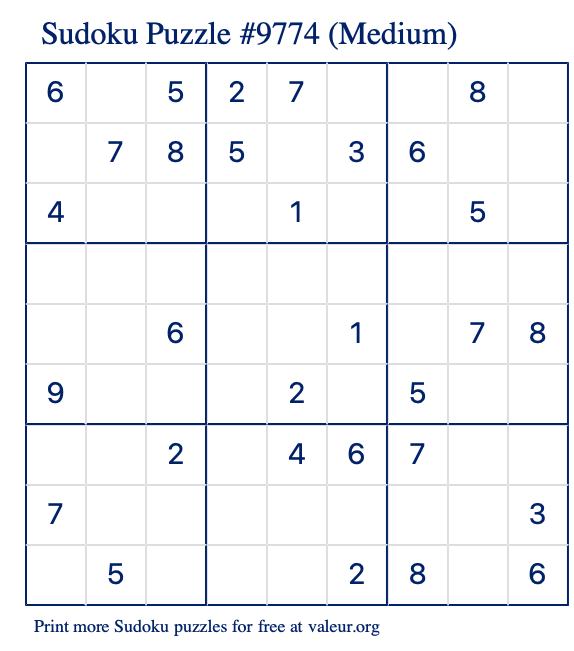 Free Printable Medium Sudoku Puzzle number 9774
