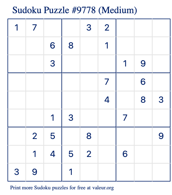 Free Printable Medium Sudoku Puzzle number 9778