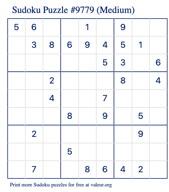 Free Printable Medium Sudoku Puzzle number 9779