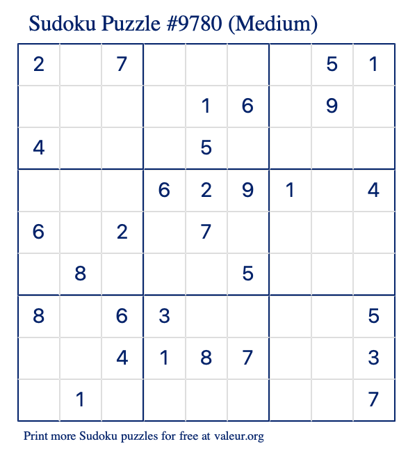 Free Printable Medium Sudoku Puzzle number 9780