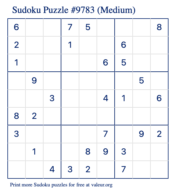 Free Printable Medium Sudoku Puzzle number 9783