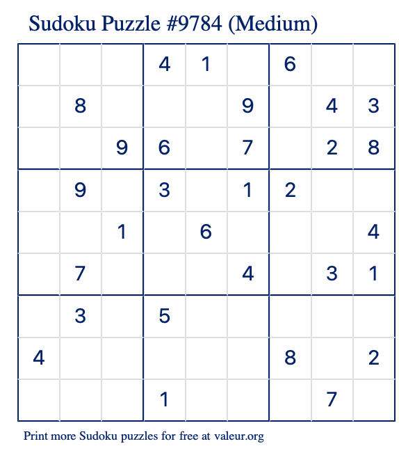 Free Printable Medium Sudoku Puzzle number 9784
