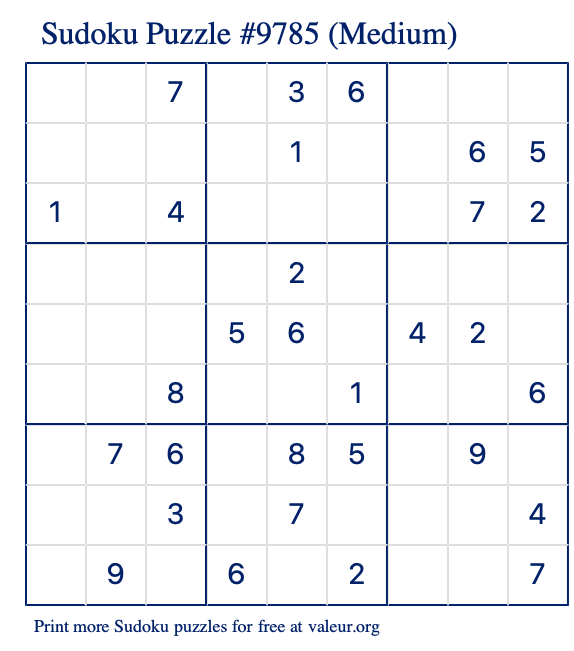 Free Printable Medium Sudoku Puzzle number 9785