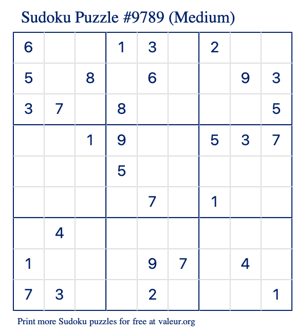 Free Printable Medium Sudoku Puzzle number 9789