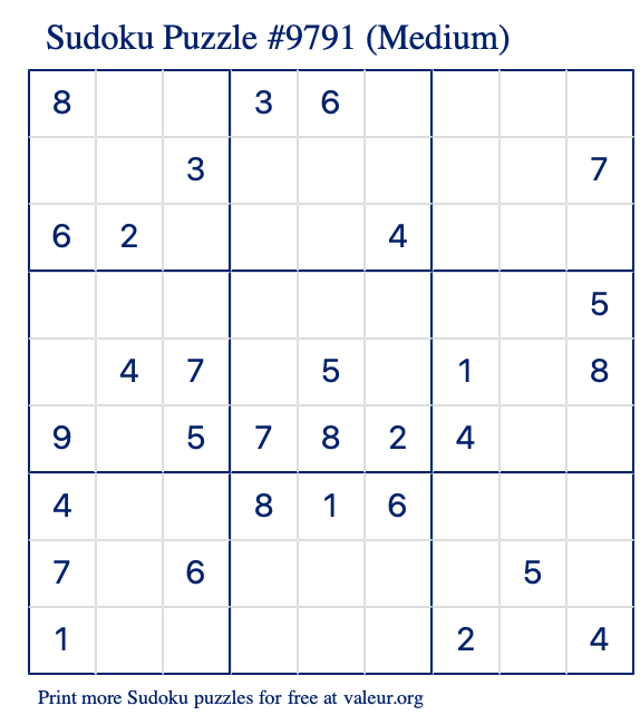 Free Printable Medium Sudoku Puzzle number 9791