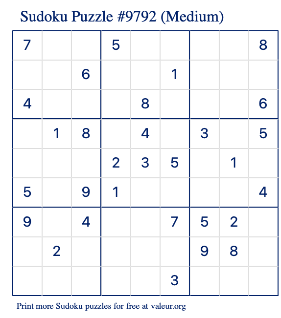 Free Printable Medium Sudoku Puzzle number 9792