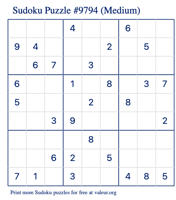 Free Printable Medium Sudoku Puzzle number 9794