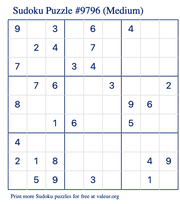 Free Printable Medium Sudoku Puzzle number 9796