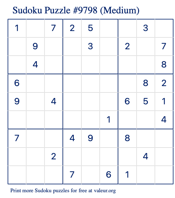 Free Printable Medium Sudoku Puzzle number 9798