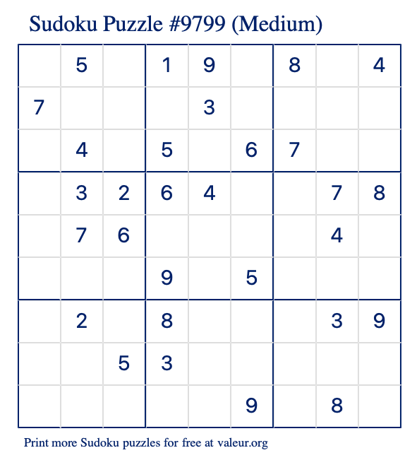 Free Printable Medium Sudoku Puzzle number 9799