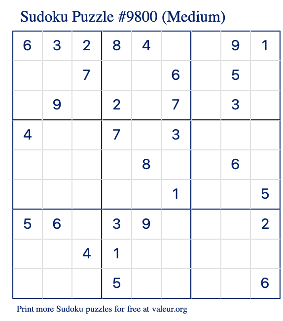 Free Printable Medium Sudoku Puzzle number 9800