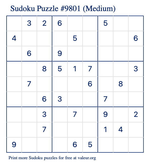 Free Printable Medium Sudoku Puzzle number 9801