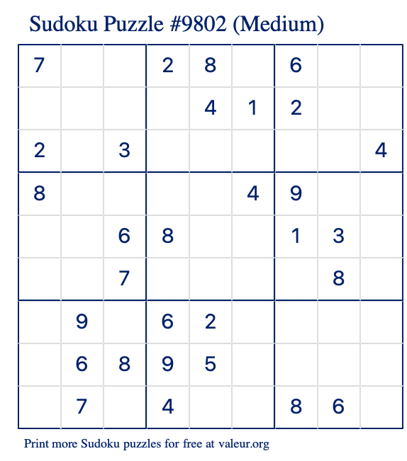 Free Printable Medium Sudoku Puzzle number 9802